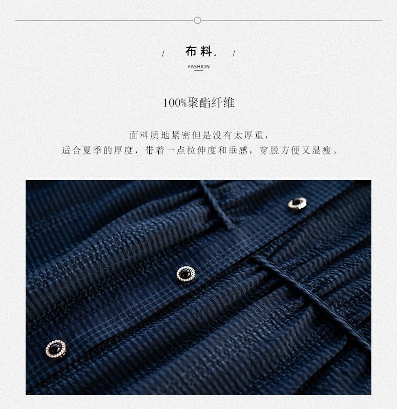 Jeonseon - Blouse met 3/4-mouwen, V-hals, gestreepte kanten rand en gerimpelde knoopjes