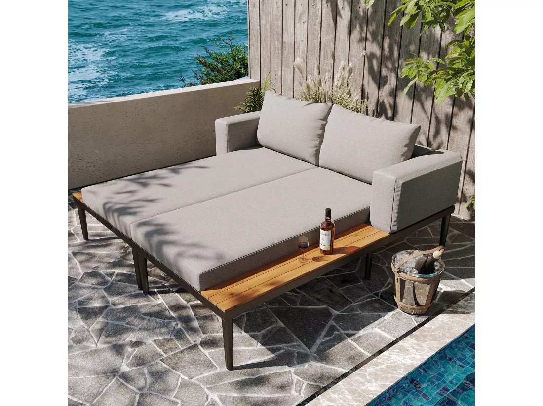 Bain de soleil extérieur, chaise longue extérieure, canapé-lit multifonctionnel imperméable, chaise longue double avec étagère