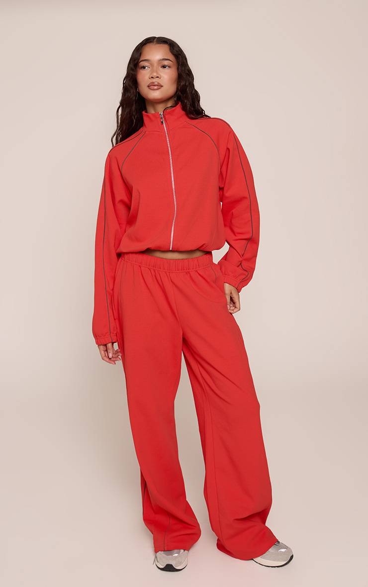Rouge Jogging Interlock À Jambes Larges Avec Passepoil Contrasté