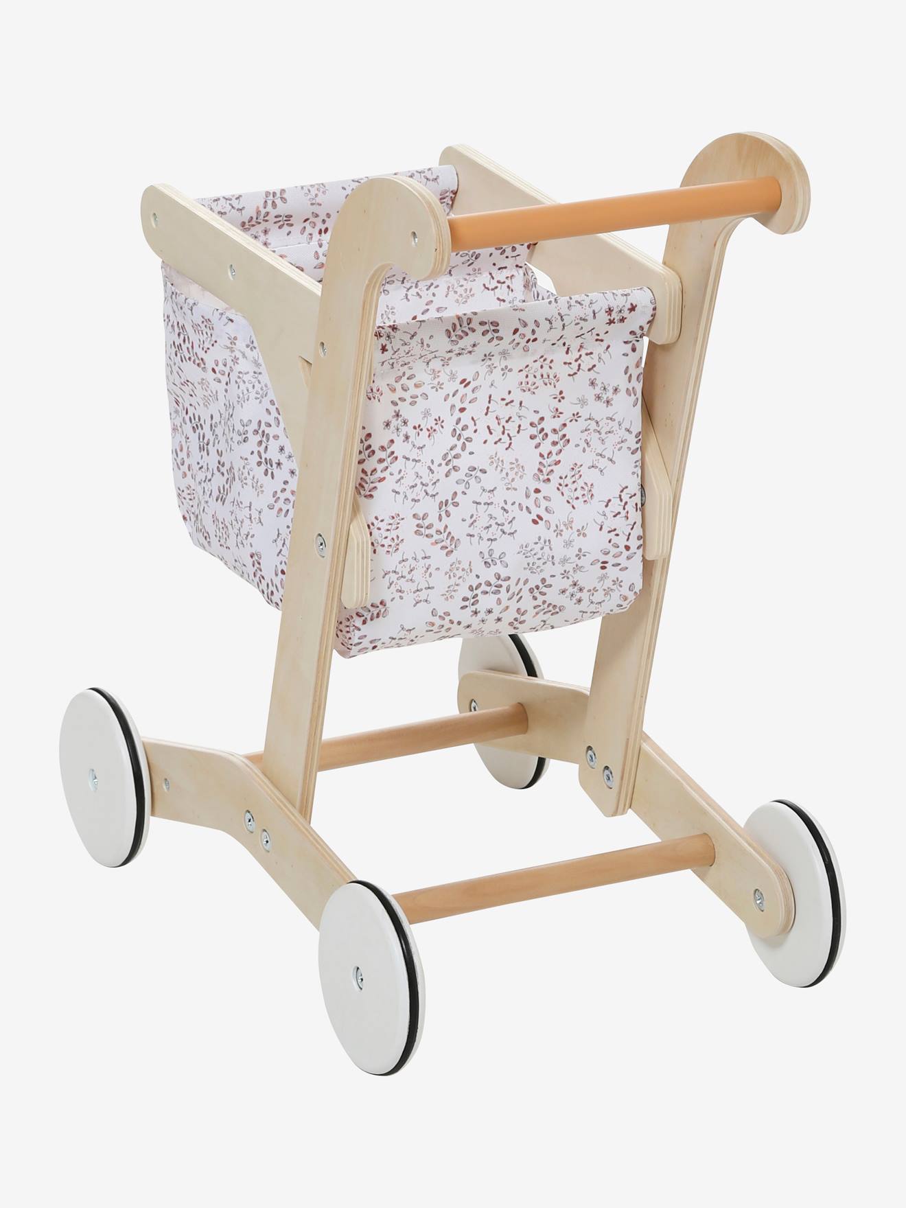 Carrinho de compras em tecido liso bege médio e madeira com certificação FSC® com motivos decorativos.
