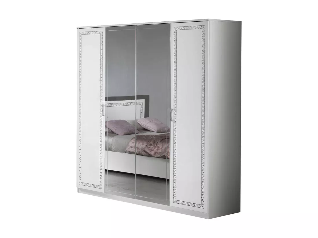 FADILY - Armoire 4 Portes Laquée Blanc avec Sérigraphies