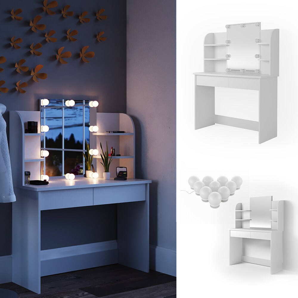 Vicco Schminktisch Charlotte Frisiertisch Frisierkommode Kosmetiktisch Weiß inkl. LED-Lichterkette