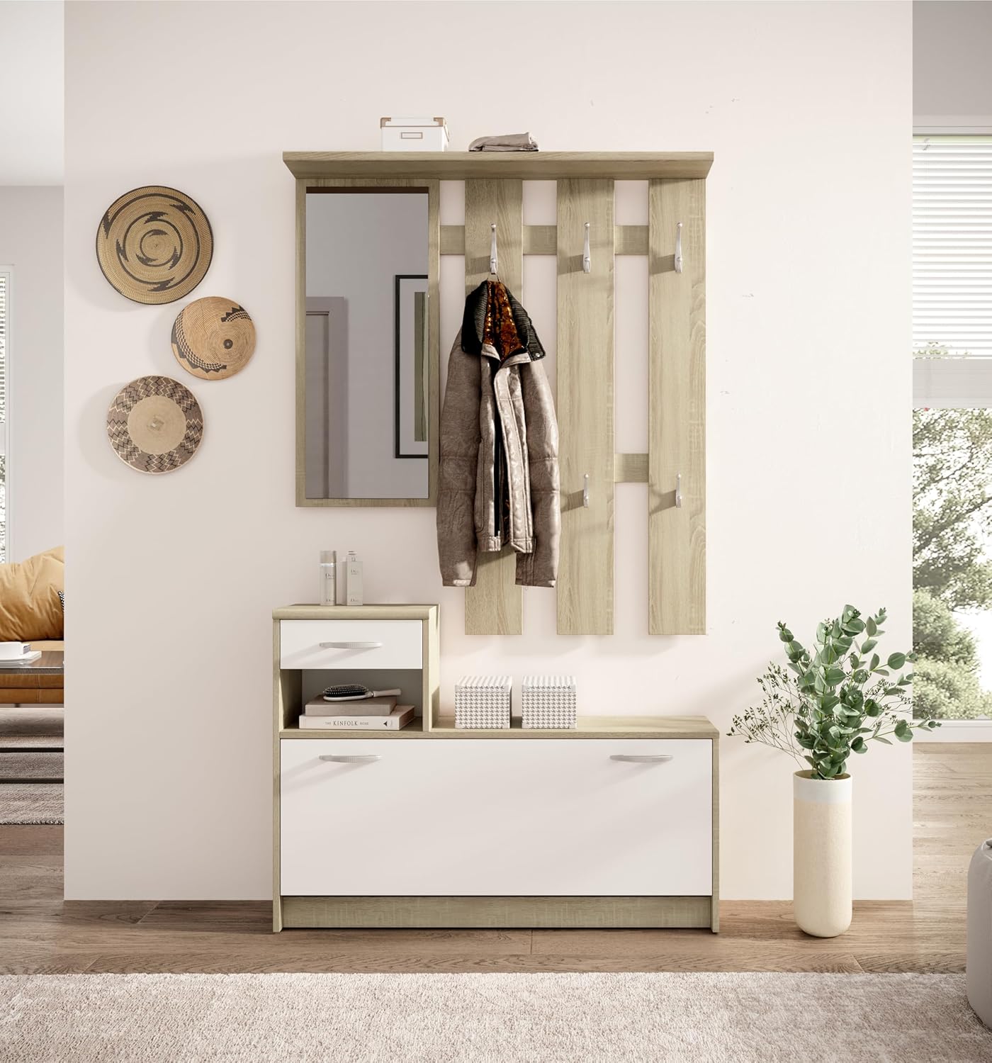 Vera Garderobe mit Spiegel weiß matt - Kompaktgarderobe Korpus Eiche Sonoma Nachbildung - 100 x 190 x 26 cm (B/H/T)