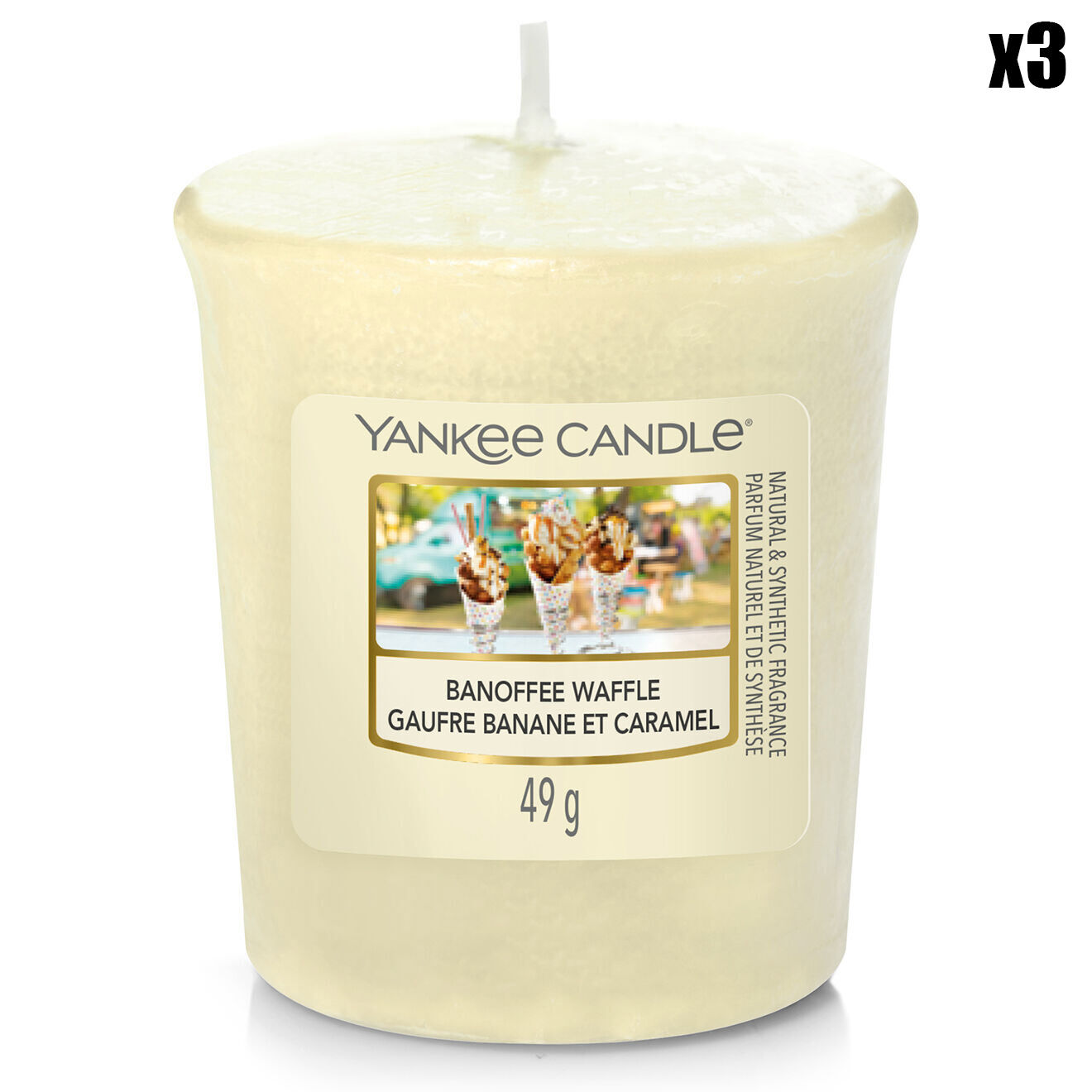 Yankee Candle 3 Bougies parfumée votive Original Gaufre Banane Et Caramel - 15h