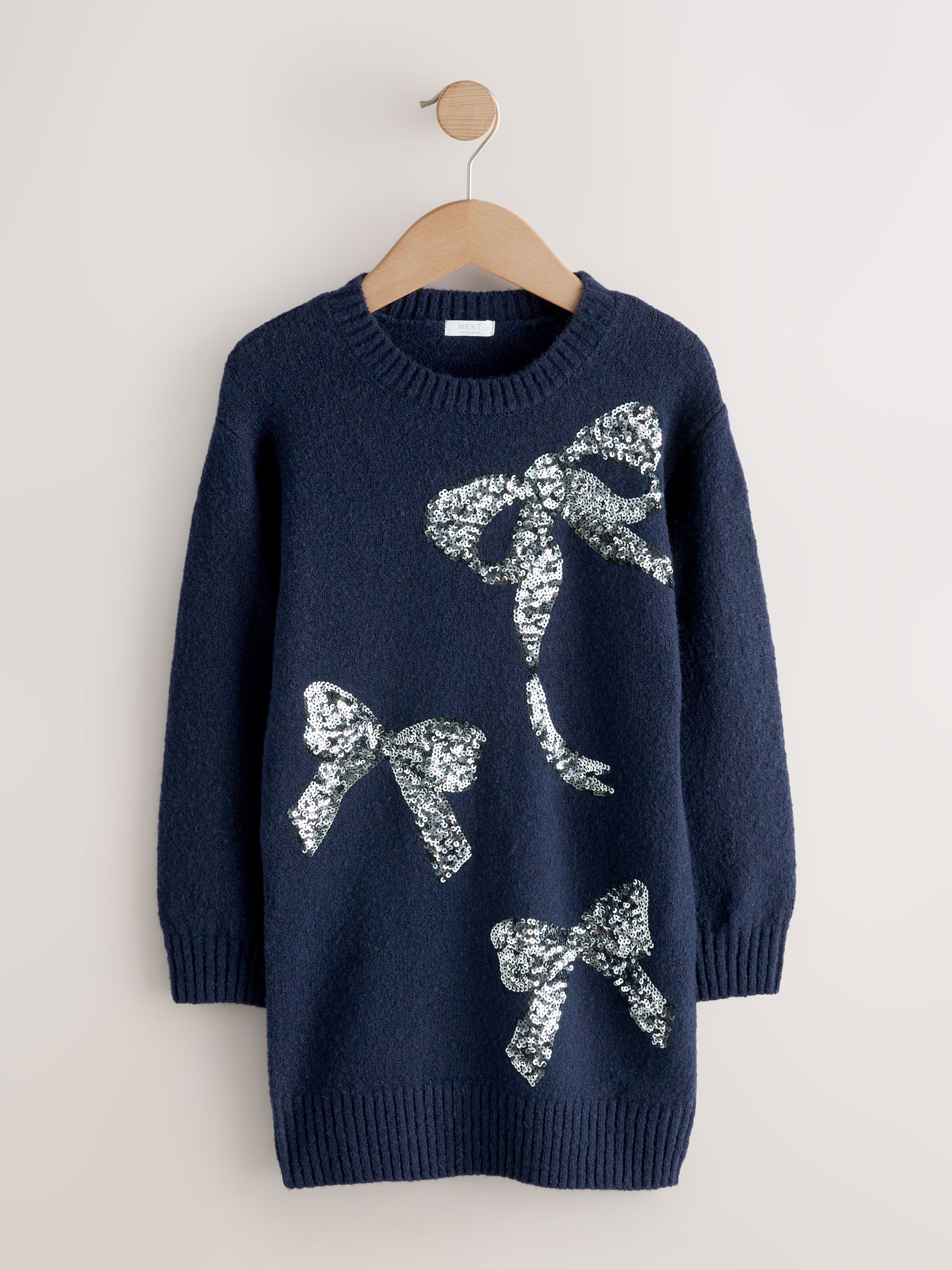 Marineblauw - Gebreide trui-jurk met strikversiering (3-16jr)