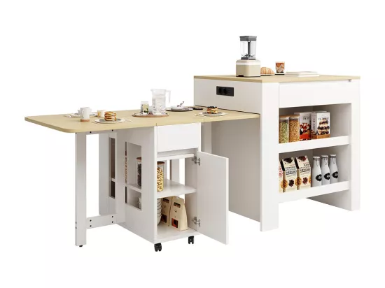 Table de bar extensible 110-124cm îlot cuisine 2 tiroirs 2 étagères prise courant plateau MDF blanc marbré