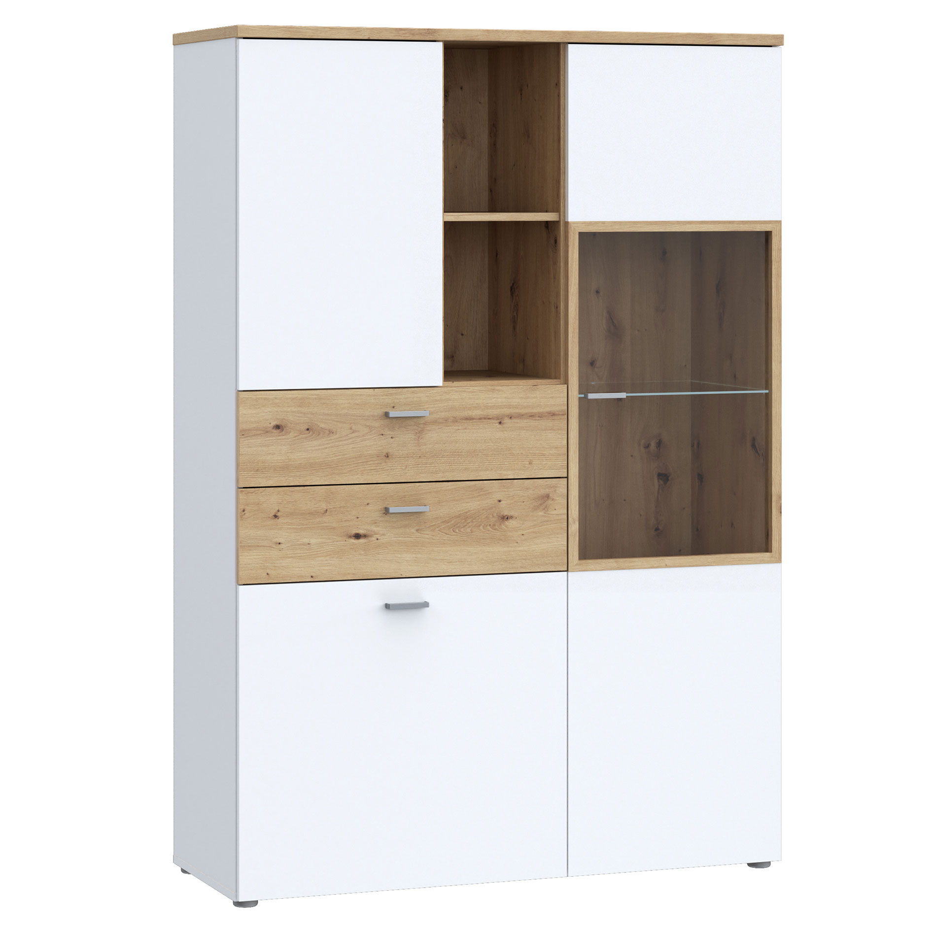 Highboardvitrine - weiß - Artisan Eiche - 110 cm breit