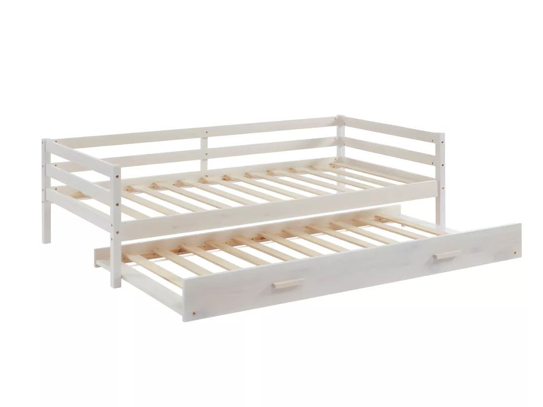 Lit gigogne AEDAN II - 2 x 90 x 190 cm - Pin massif et MDF - Blanchi