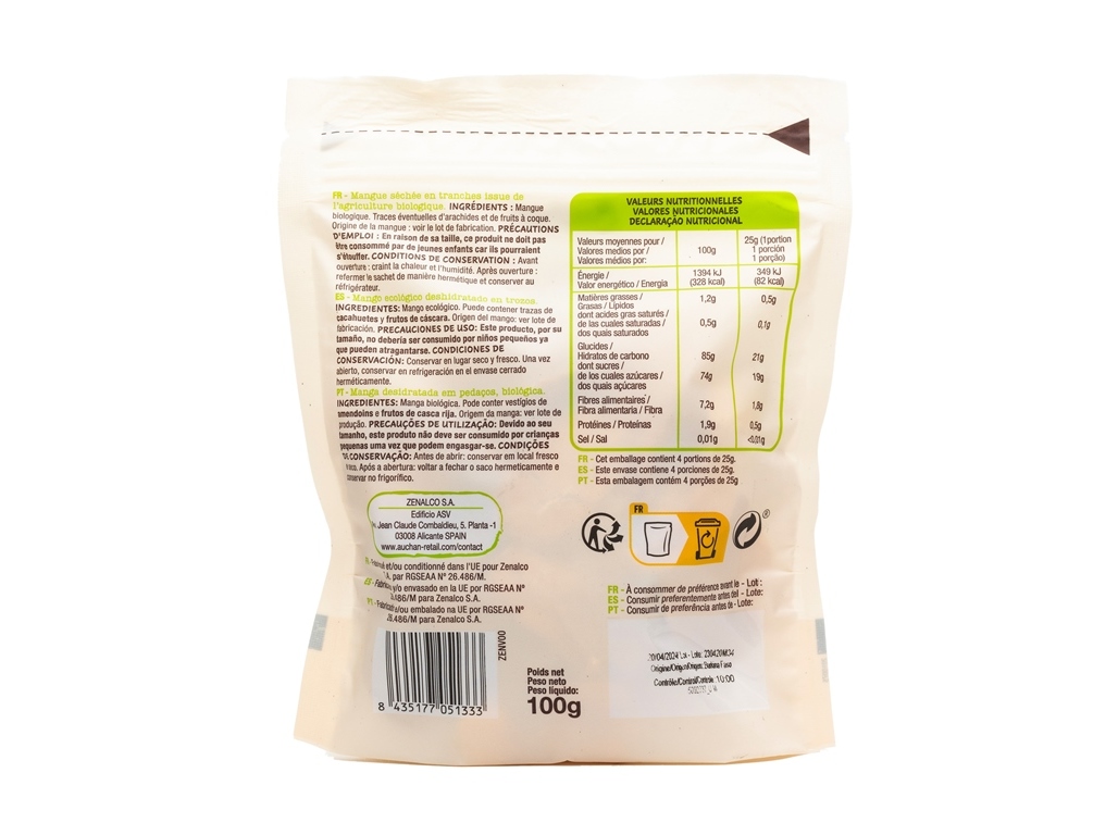 MANGA AUCHAN BIO DESIDRATADA PEDAÇOS 100G