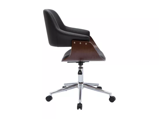 Chaise de bureau à roulettes design noir, bois foncé noyer et acier chromé HANSEN