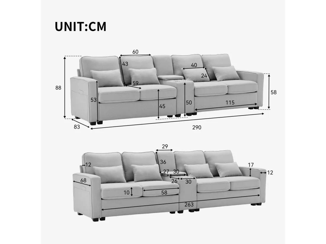 Canapé 4 places en tissu lin - avec 4 oreillers 2 ports USB et porte-gobelets - poches d'accoudoir - 290x83x88cm, Gris