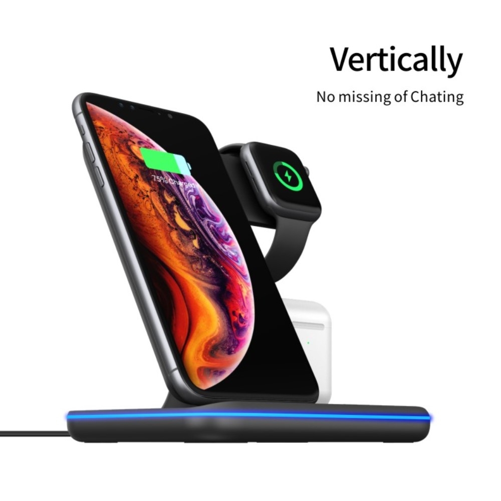 (15W) 3in1 Qi Wireless Fast Charging Ladegerät Ständer Dockingstation Apple Watch / Smartphone / AirPods - Schwarz