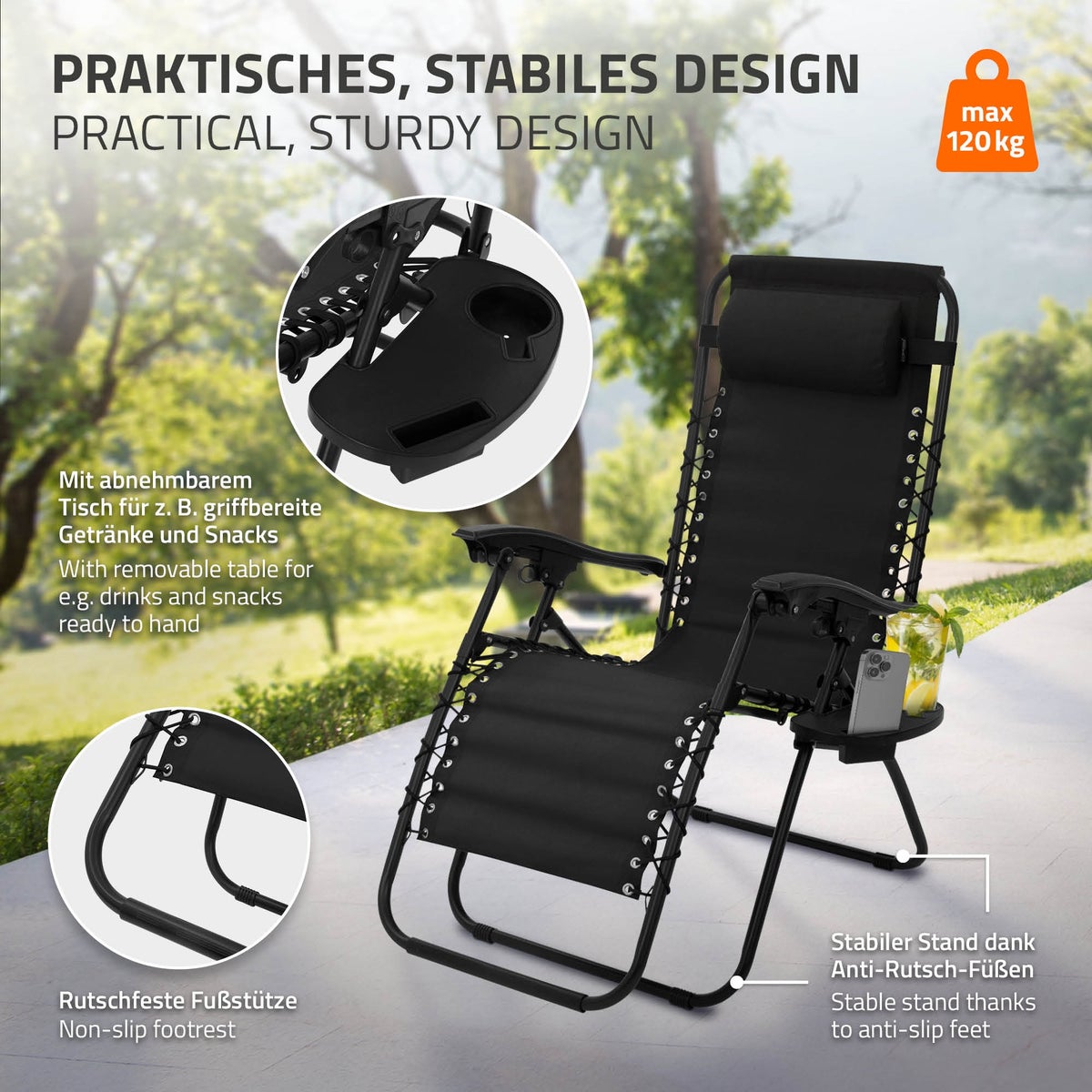 ML-Design Opvouwbare Ligstoel, Zwart, Ligstoel met Verstelbare Hoofdsteun en Rugleuning, Weerbestendige Ligstoel met Vetersysteem, Zero Gravity Buiten Relaxstoel, Tuinstoel met Bekerhouder