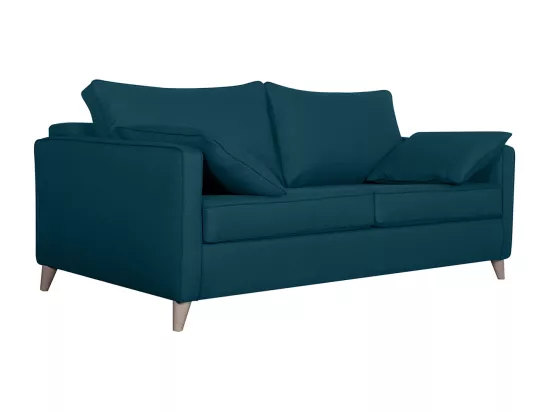 Canapé convertible scandinave 3 places en tissu bleu canard et bois clair avec matelas 10 cm PAPEL