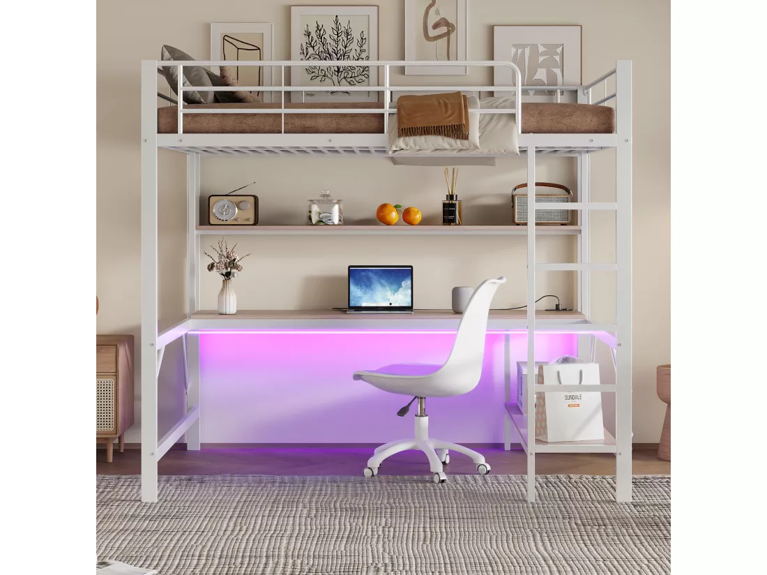 Lit mezzanine garde-corps et escabeau - 140 x 200 cm - avec USB et secteur - LED et bureau - sans matelas - métal - white