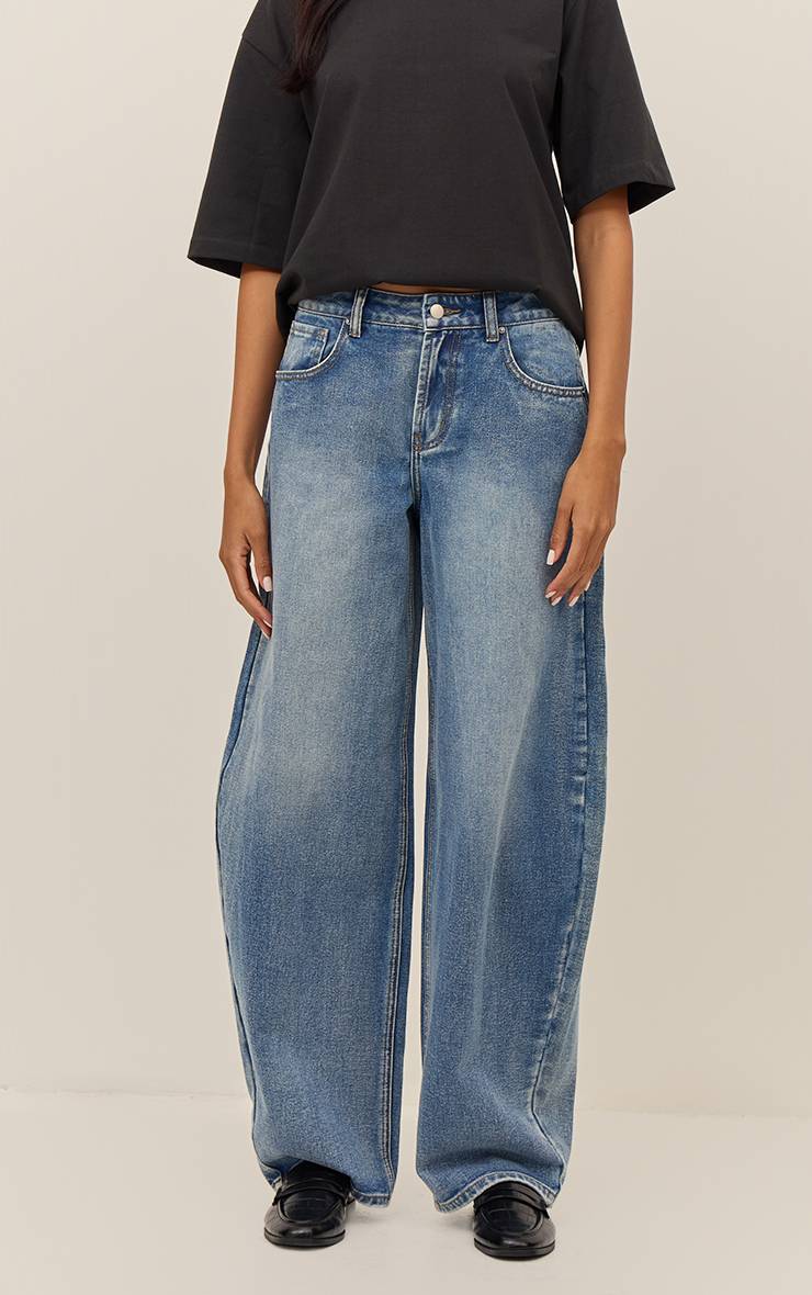 Mid Blue Wash Jean Barrel Taille Basse Bleu Moyen