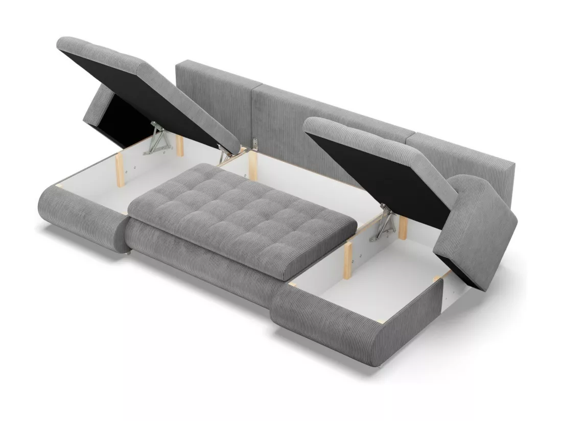 Canapé d'angle en U avec fonction sommeil, 2 méridiennes, Cord - Gris