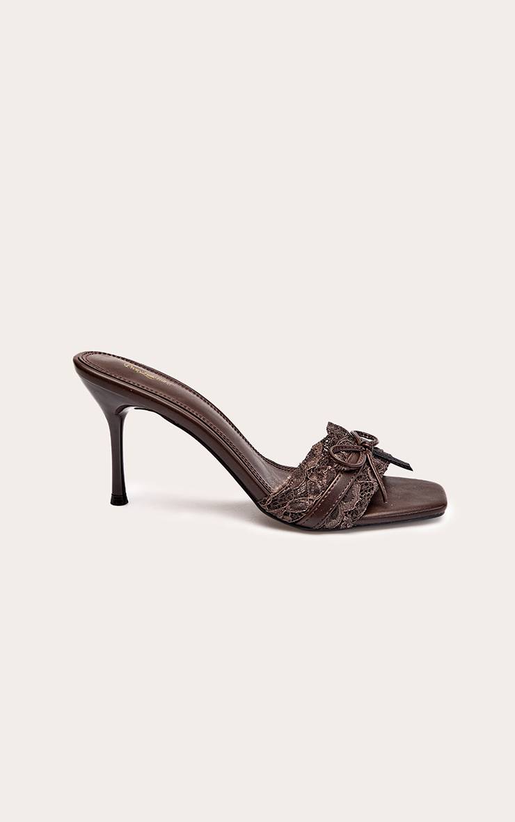 Marron Mules À Talons Chocolat En Dentelle Froncée Avec Nœud