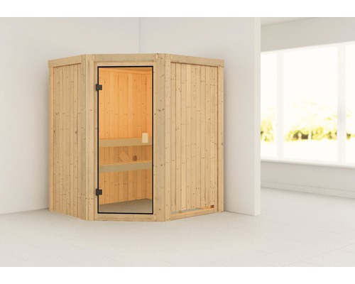 Elementsauna Karibu Faurin zonder oven en dakkroon met gebronsde volledig glazen deur