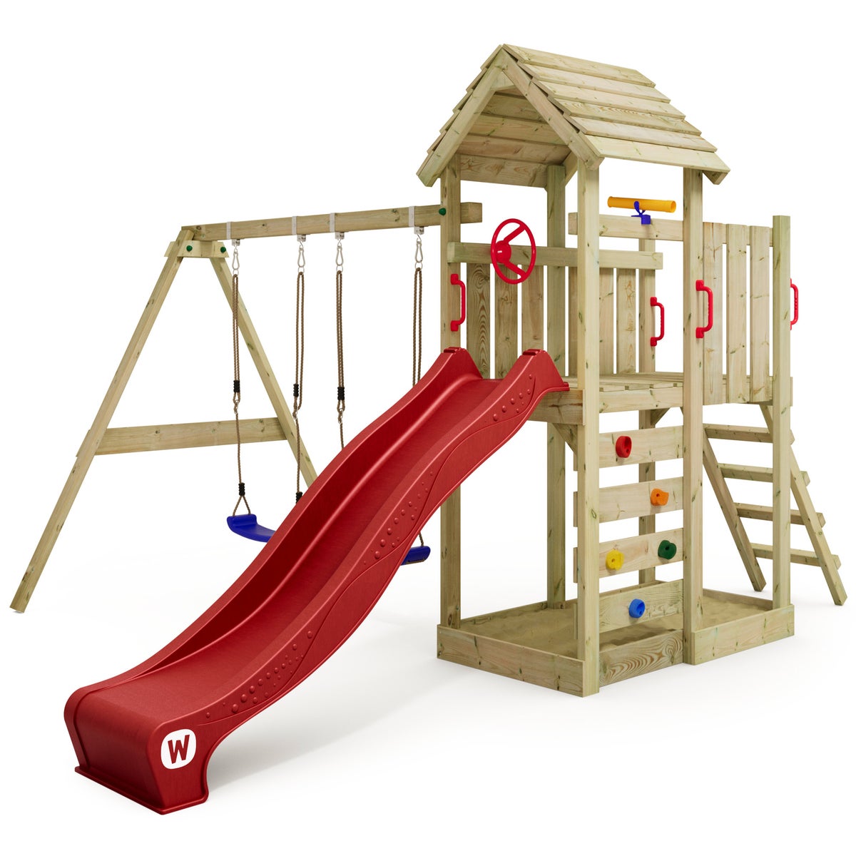 WICKEY MultiFlyer Houten Dak Speeltoren met Schommel en Glijbaan, Klimtoren met Houten Dak, Zandbak, Ladder en Speelaccessoires - Rood