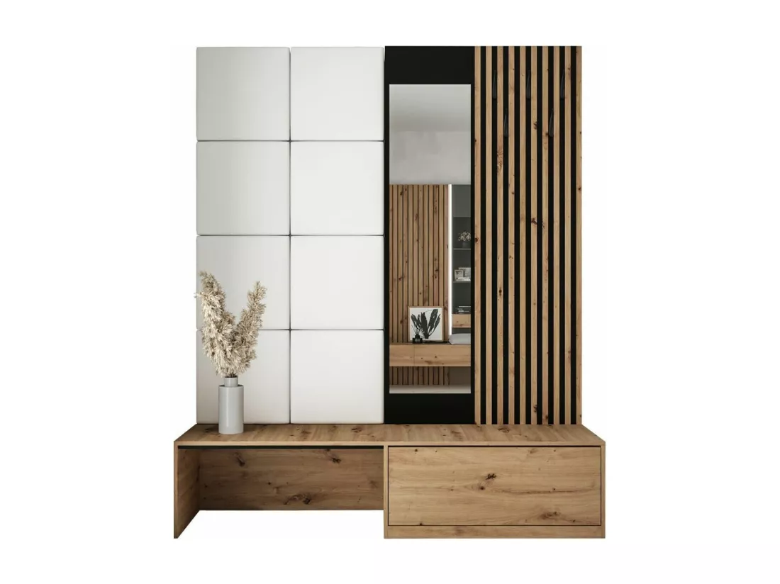 Meuble d'entrée Hartford 322, 205x172x42cm, Miroir, Chêne Artisan|Noir, À poser