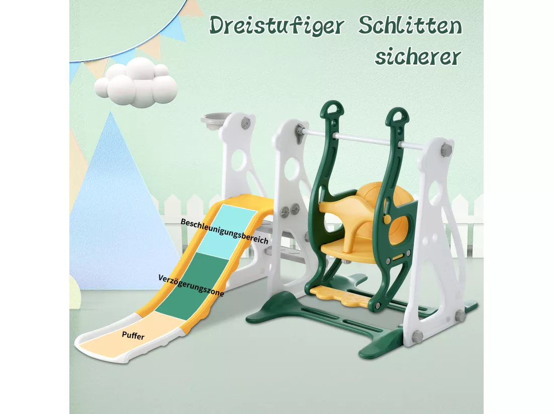 Toboggan balançoire 4 en 1 pour enfants - 113 x 100 x 94cm - en HDPE - avec escaliers et cadre de basket - vert