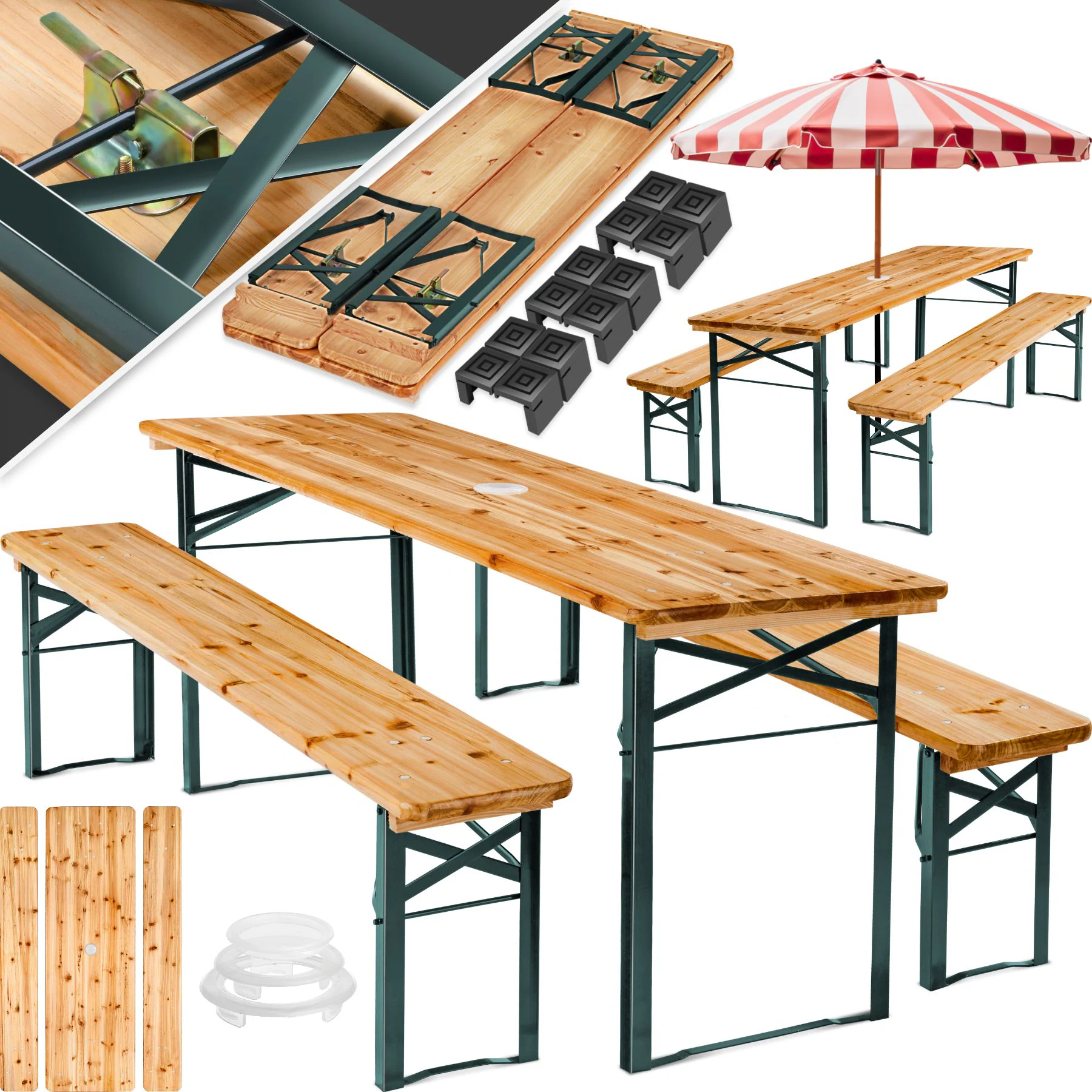 tectake® Bierzeltgarnitur, 3-teilig mit Sonnenschirmhalterung, belastbar, Holzlackierung mit Klarlack
