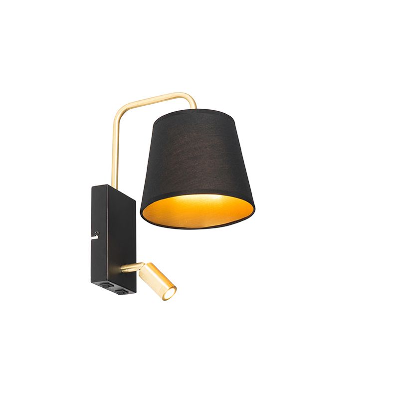 Moderne wandlamp zwart en goud met leeslamp - Renier