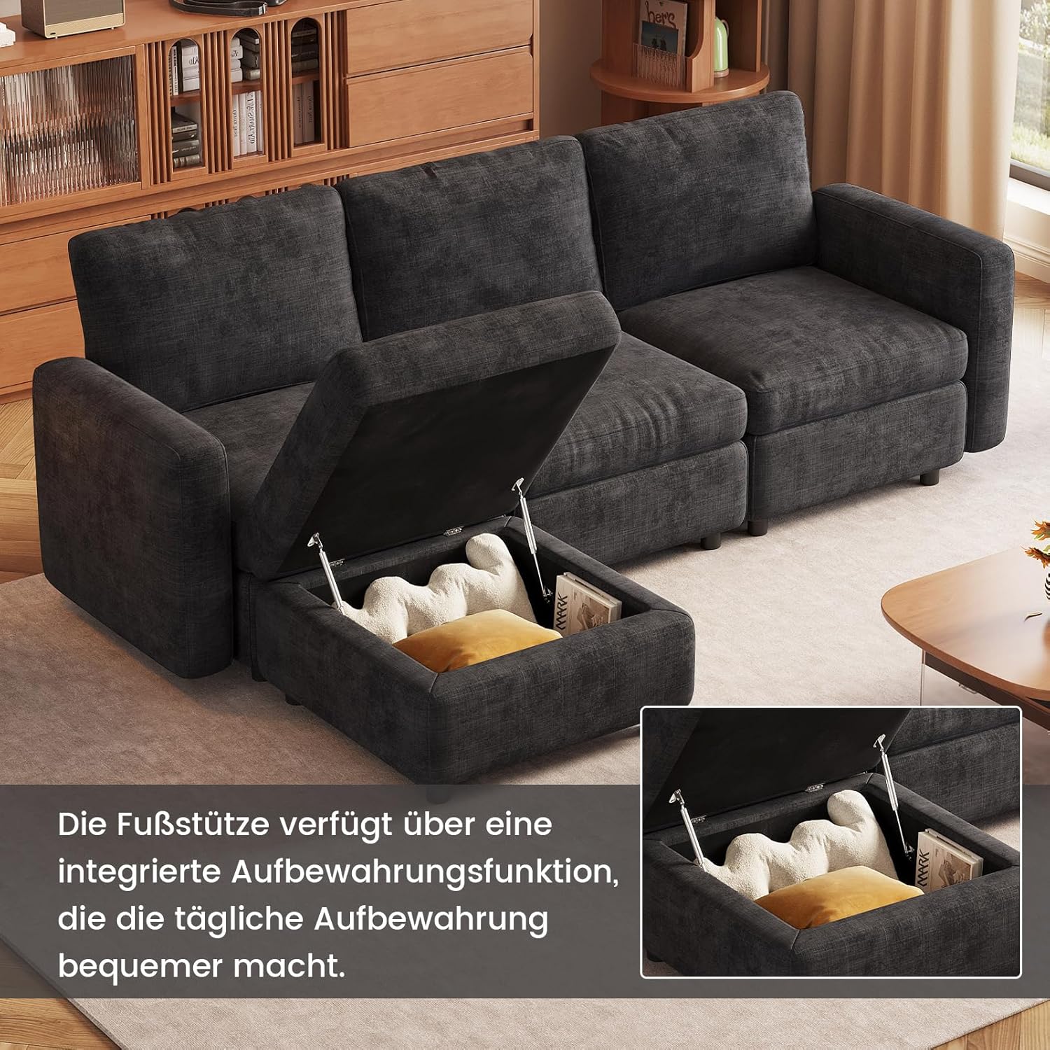 Guyii Modulares Samtsofa mit Stauraumhocker, kombinierbare Couch mit beweglichem Fußhocker, weiches Polstersofa für Wohnzimmer, Verschiedene Module und Sitzplätze (5-Sitzer (3-Sitzer + 2 Hocker))