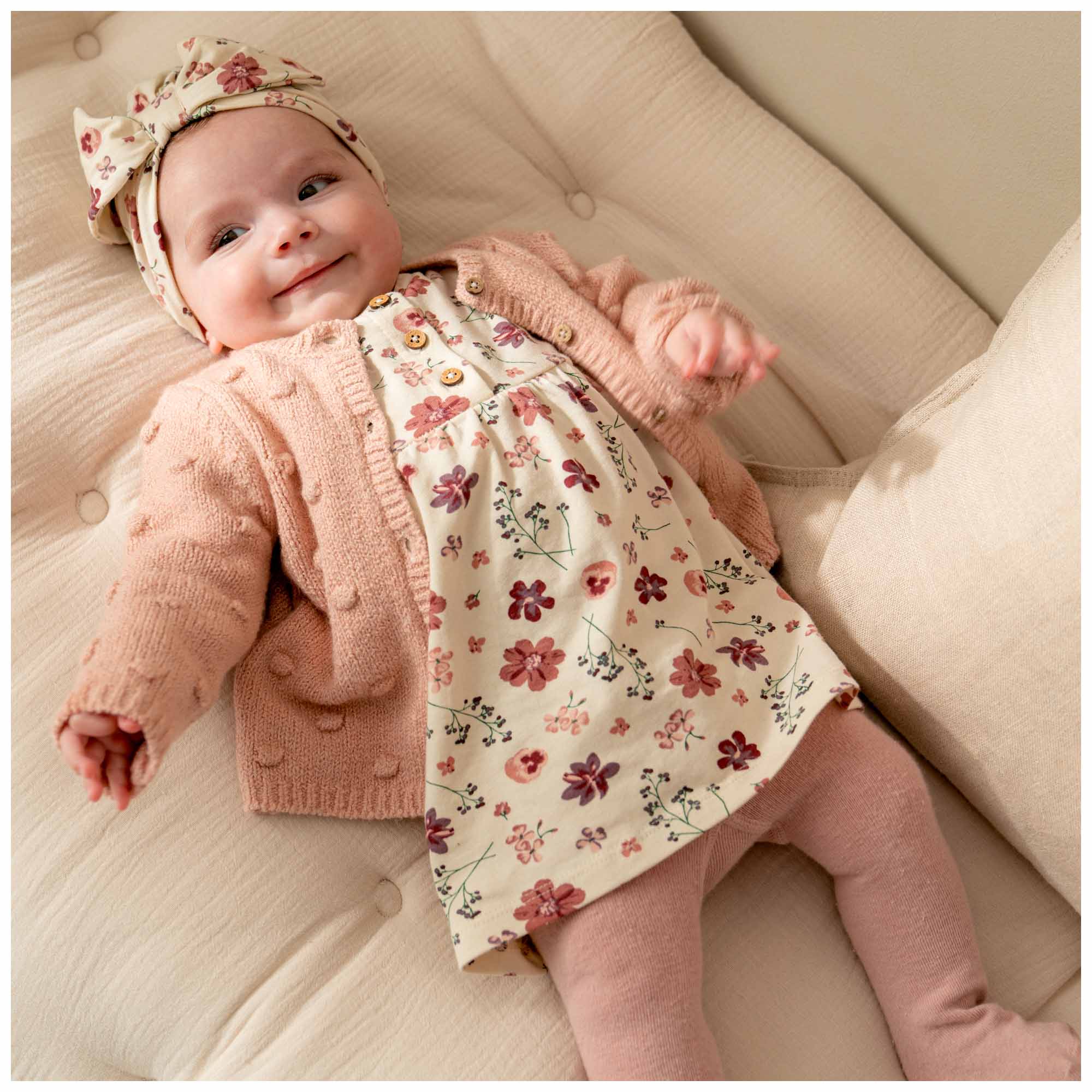 Prénatal newborn jurk lange mouwen bloemen beige