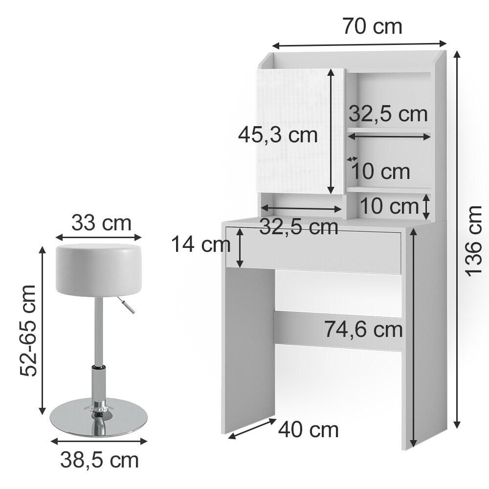 Vicco Schminktisch Frisiertisch Frisierkommode Laura Weiß Hocker 70x136 cm Spiegelschrank modern Schlafzimmer Kommode Schminkspiegel Schrank Schublade Kosmetiktisch Make-Up-Tisch