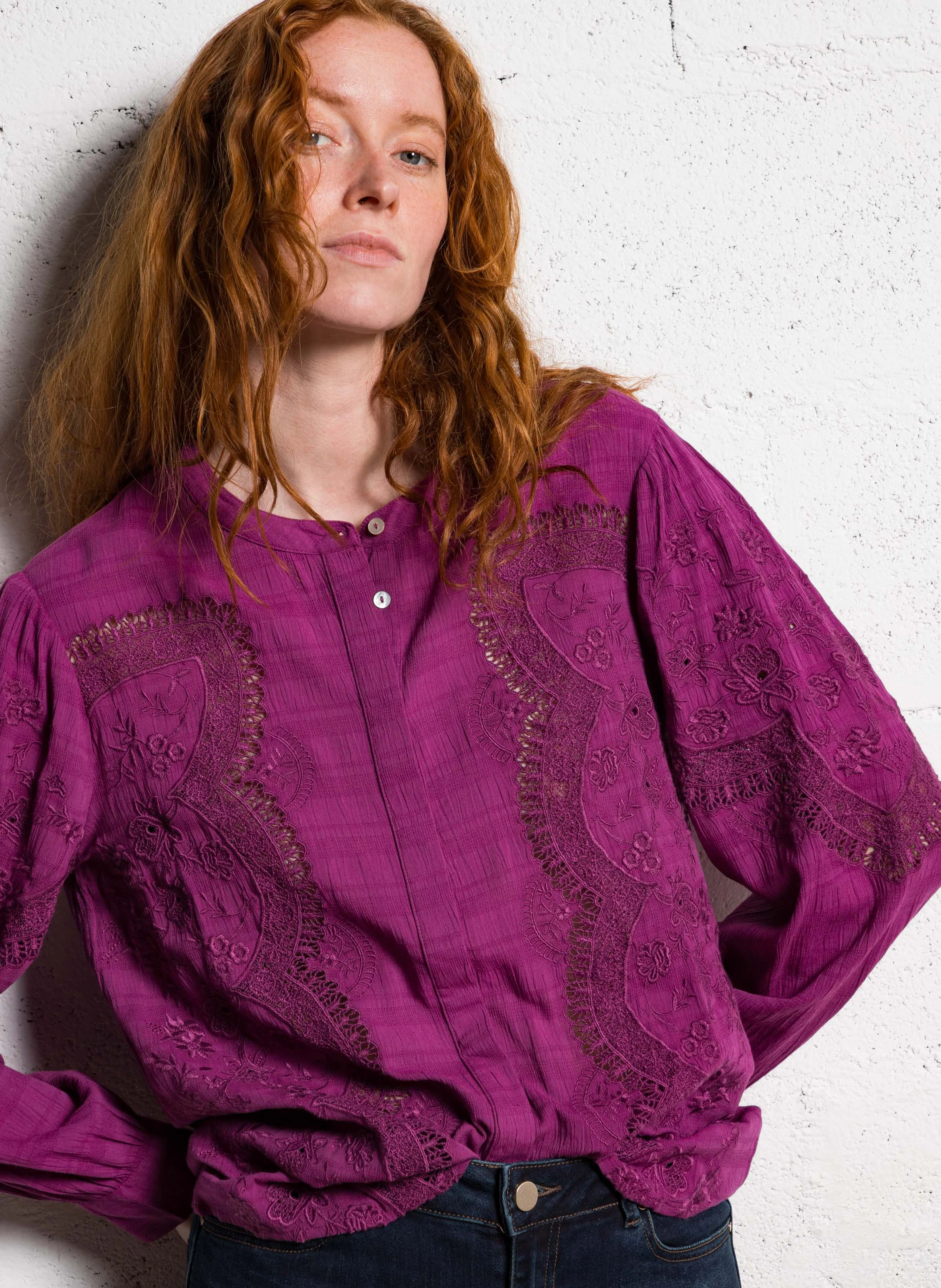 BALI - Chemise droit col rond brodée| Rose