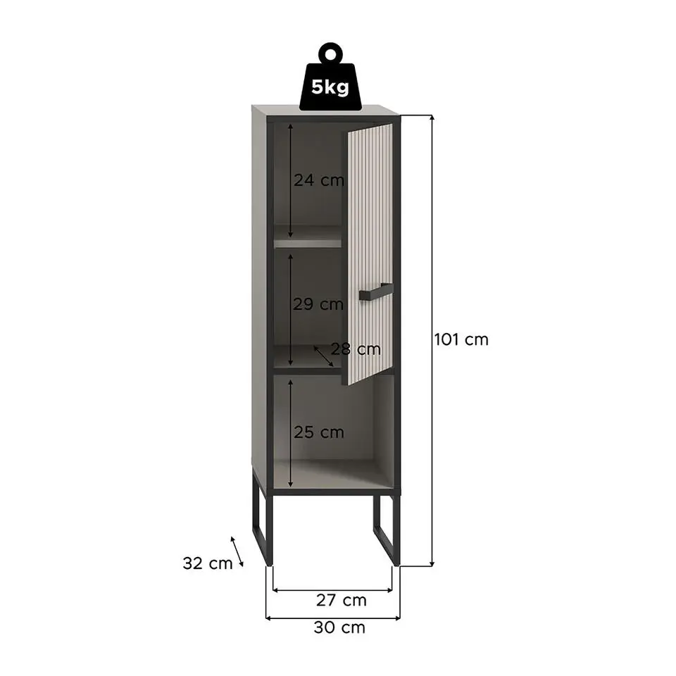 Hioshop Bagno badkamerkast 1 deur 1 vak lichtgrijs- crèmekleurig