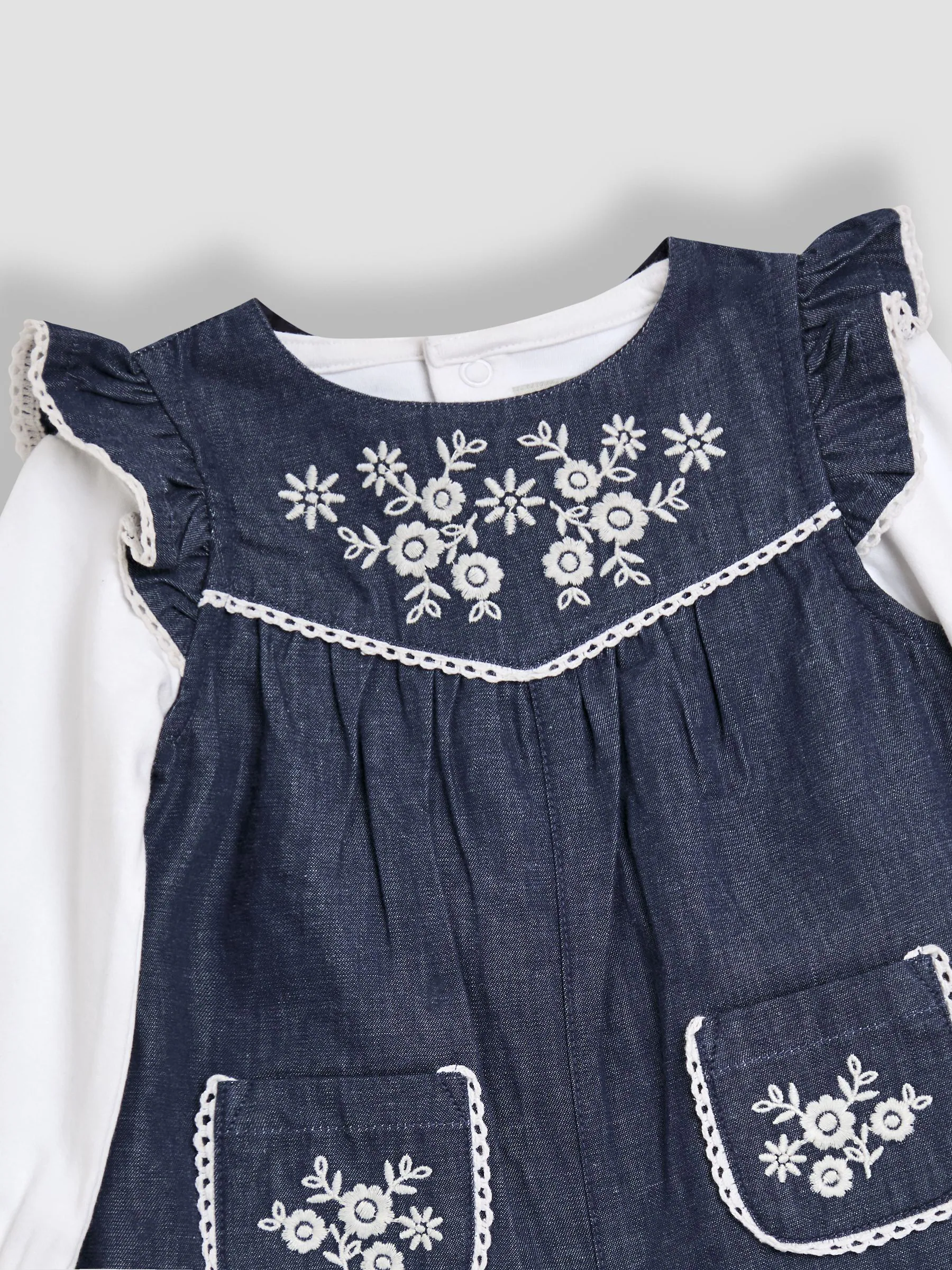 JoJo Maman Bébé Embroidered Chambray Dungarees & Top Set
