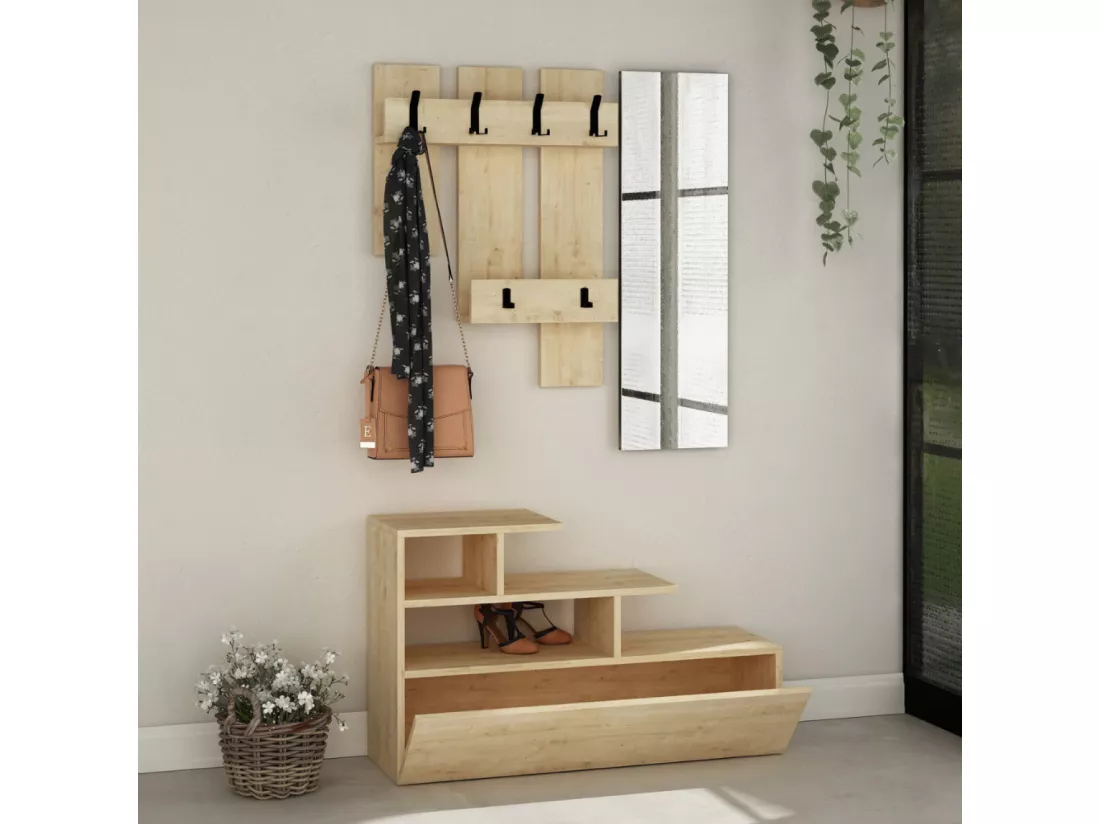 Meuble d'entrée effet bois avec porte manteau, rangement et miroir MESTY