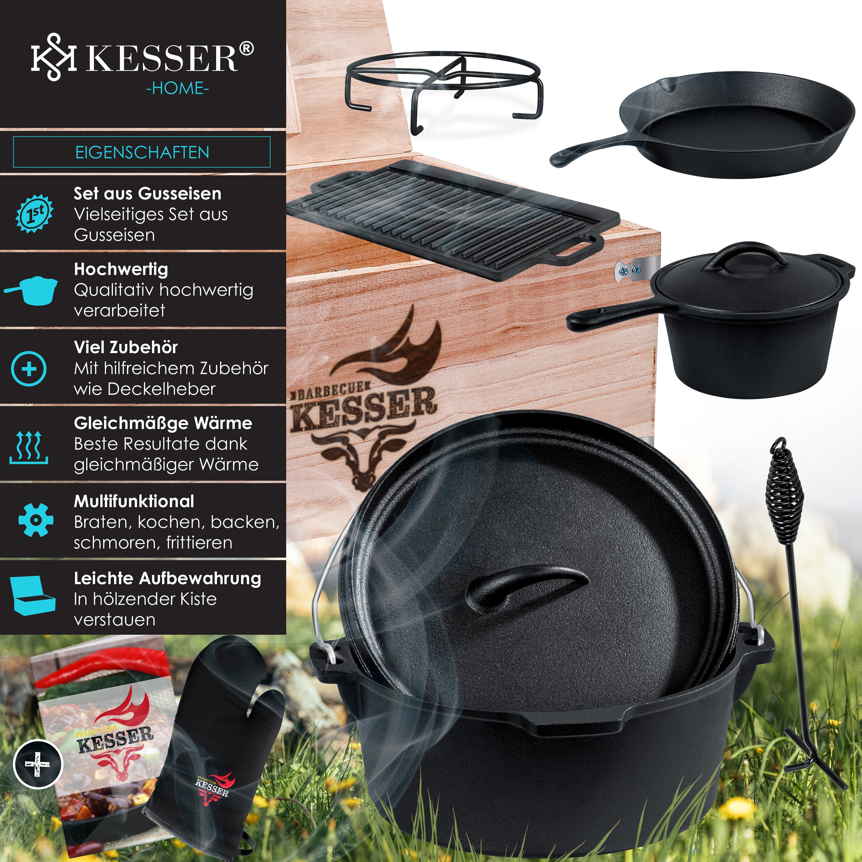 KESSER® Dutch Oven Set in Holzkiste mit Dutch Oven Mit viel Zubehör - Gusseisen - bereits eingebrannt mit Kochtopf Grillplatte Pfanne Deckelheber Inkl. Rezeptbuch Handschuhe