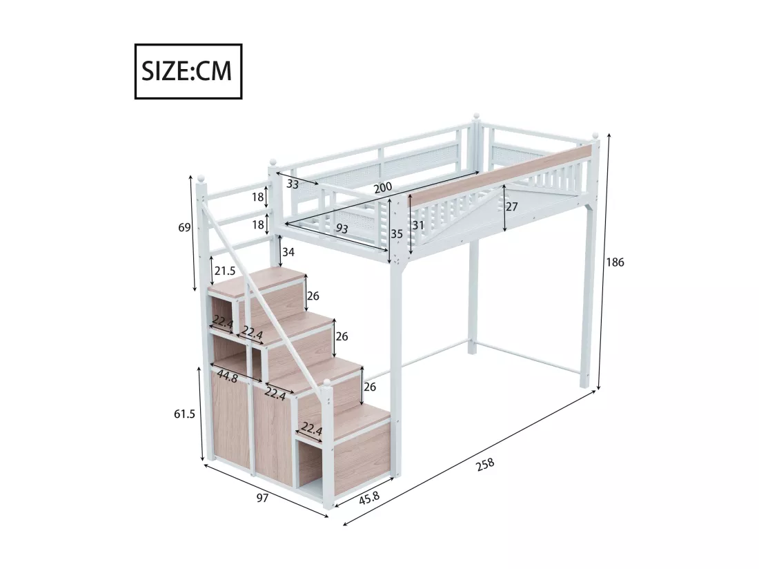 Lit mezzanine en métal 90x200cm - avec échelle de rangement - Blanc (matelas non inclus)