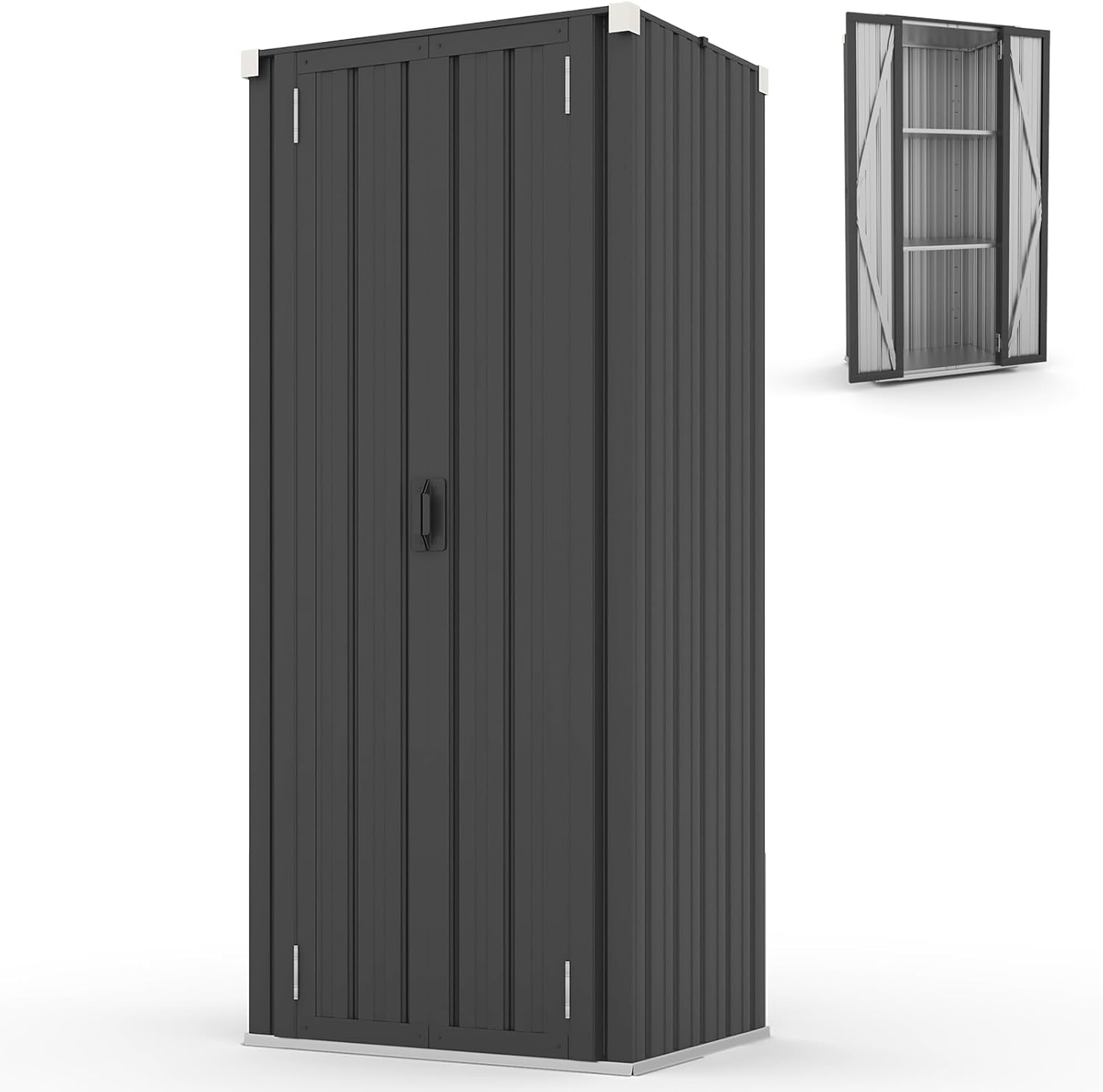 YODOLLA Gartenschrank, Geräteschuppen Metall, Wetterfest Outdoor-Schrank Lagerschuppen Hohe für Balkon, Rasenflächen und Hinterhöfe, 76x56x178cm, Grau