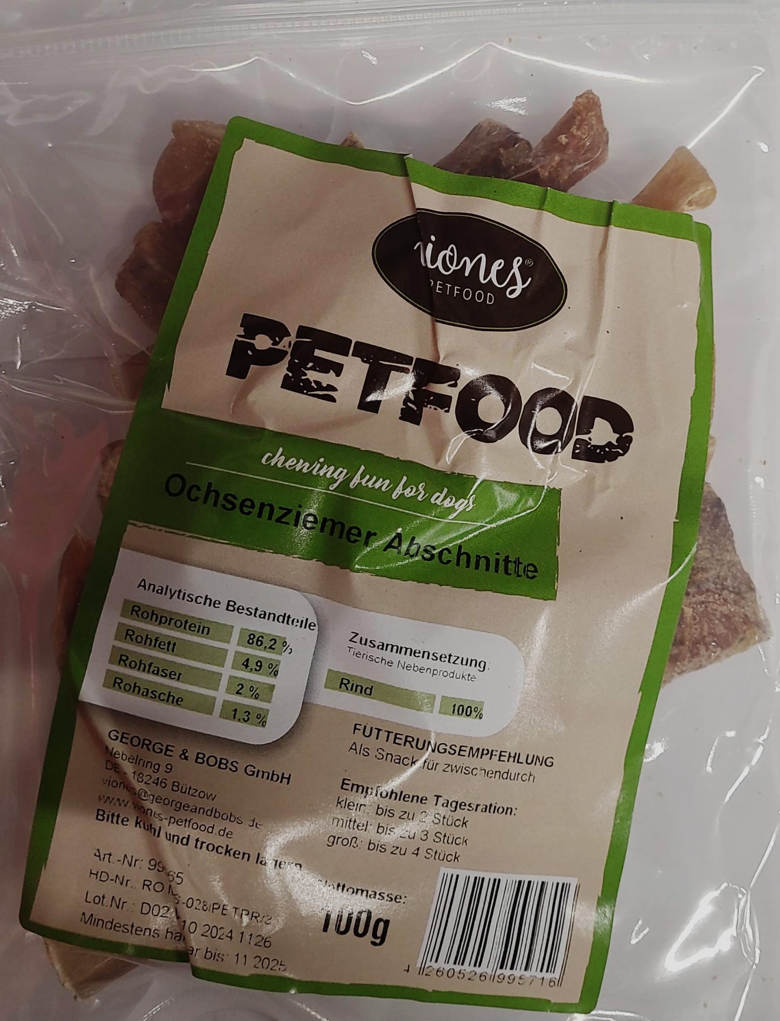 Hundesnack Ochsenziemer Abschnitte 100g MHD:9.9.26