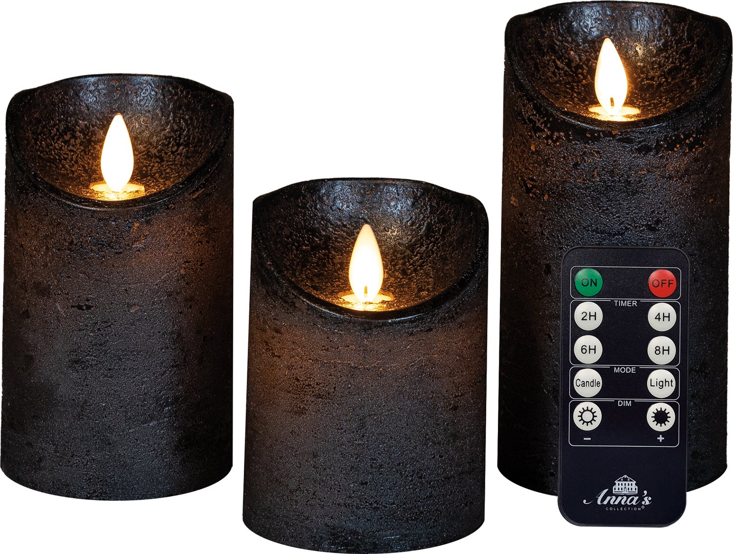 Anna's Collection LED stompkaars Rustiek antraciet D 7,5 H 10 / 12,5 / 15 cm 3 stuks
