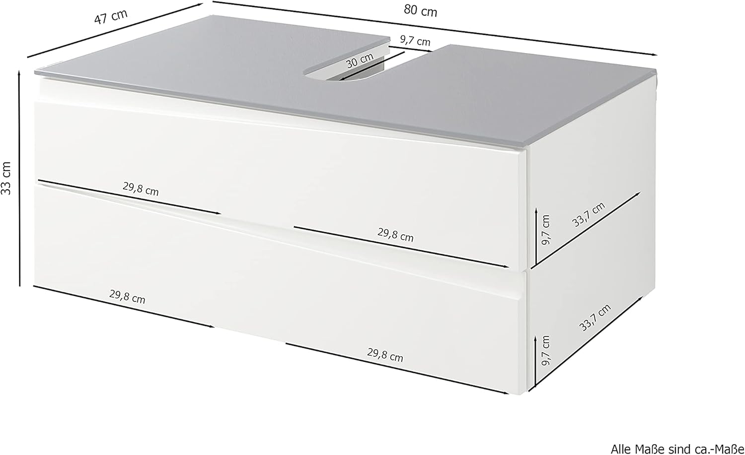 byLIVING Waschtisch Shape/Moderne Bad Kommode/Front Hochglanz Weiß / 2 Schubladen mit gefräster Griffeiste/Korpus Melamin weiß/Glasablage Grau/Schrank / 80 x 33 x 46 cm (BxHxT)
