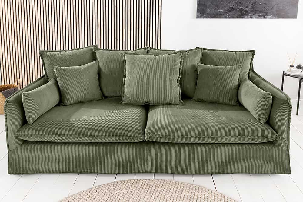 Großes 3-Sitzer Sofa HEAVEN 200cm grün Cord Federkern Hussensofa