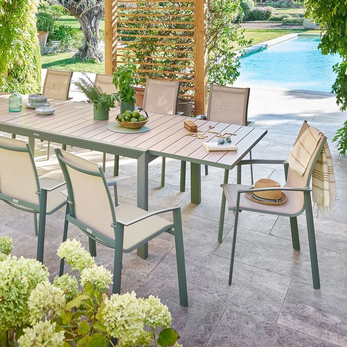 Ensemble table de jardin extensible EVASION  + 12 fauteuils AXANT Lin & Laurier