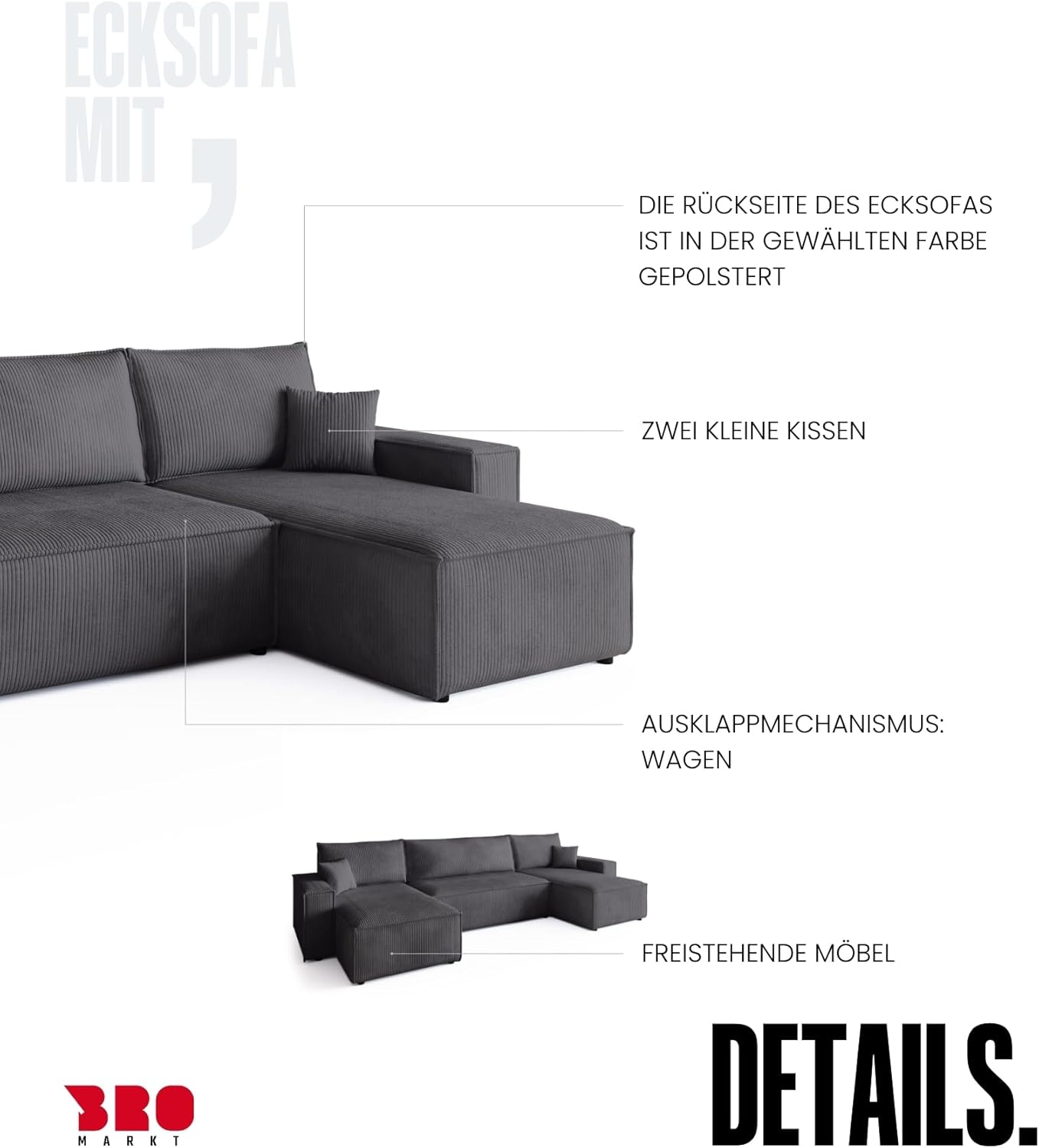 BROMARKT Ecksofa mit Schlaffunktion Cord Grau Wohnlandschaft u Form Big Sofa Schlafsofa mit Bettkasten Schlafcouch Wohnzimmer Couch 5 sitzer 312x143x85 cm ADI