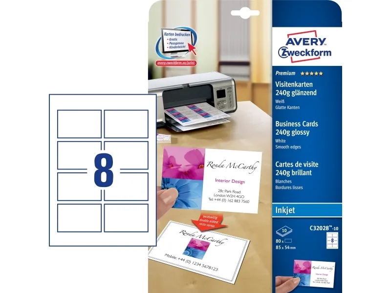 Avery Quick&Clean - Skinnende - hvid - 220 g/m² - 10 stk. 8) fotovisitkort