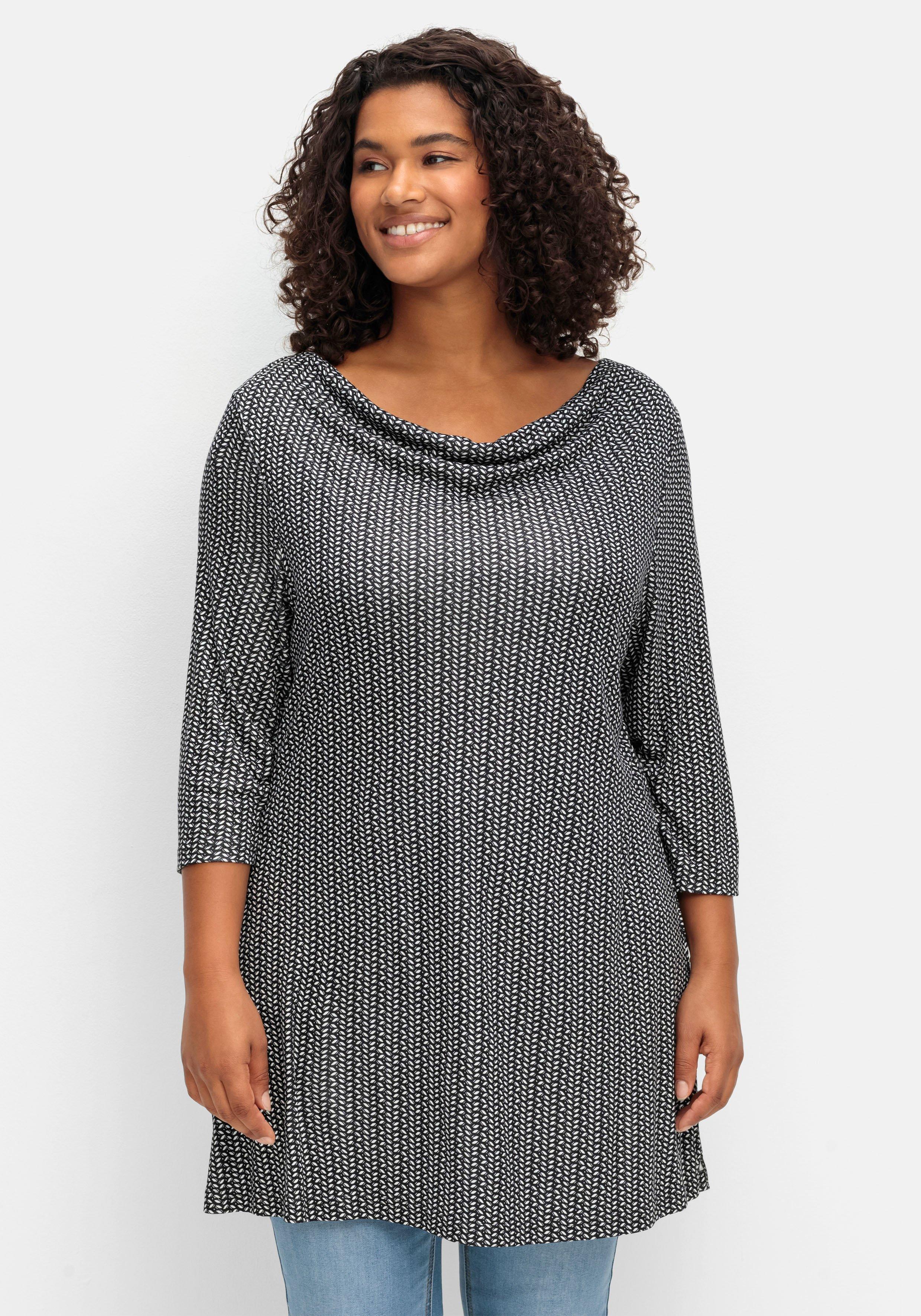 Longshirt mit Minimalprint und Wasserfallkragen