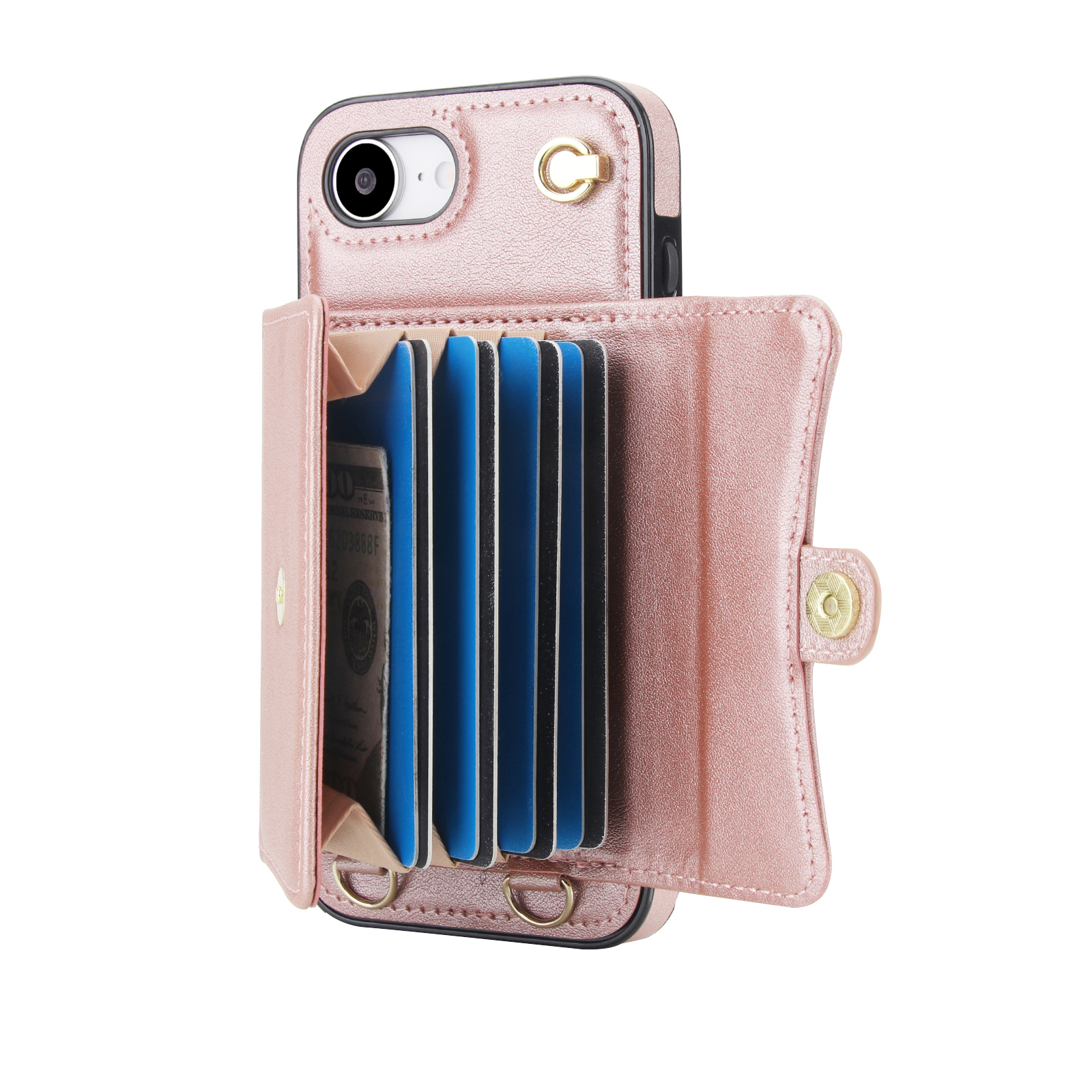 iPhone 16e Necklace Leder Schutz Hülle mit Kartenfach   Handykette (140cm) - Roségold