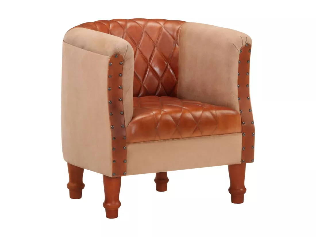 Fauteuil Marron Cuir véritable et bois de manguier massif