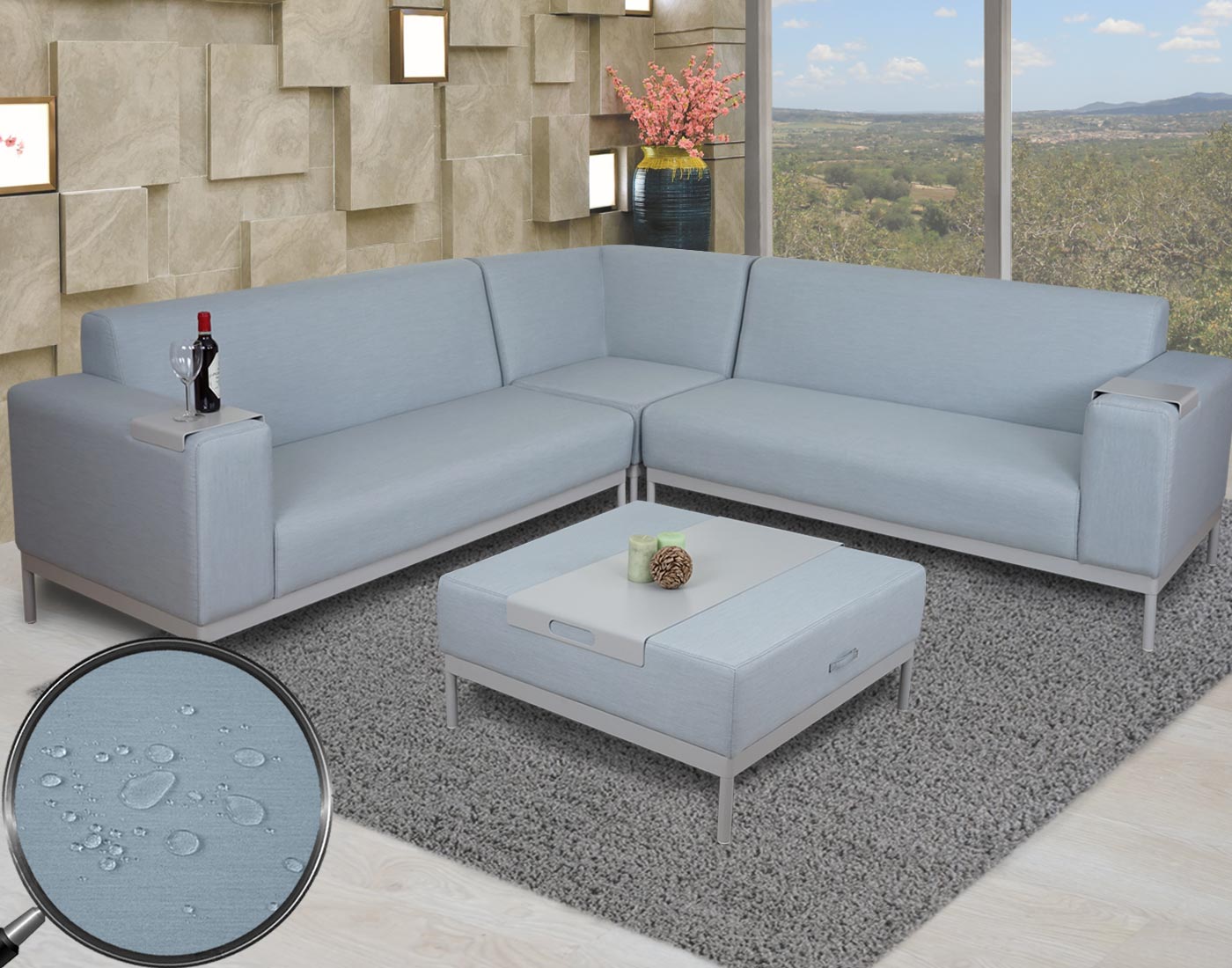 Ecksofa MCW-C47, Sofa Loungesofa Couch, Stoff/Textil Indoor wasserabweisend 245cm ~ blau mit Ablage