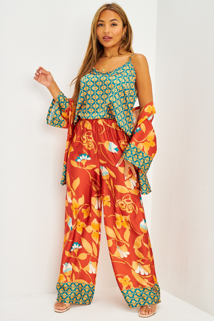 Ensemble satiné 3 pièces top + kimono + pantalon fluide à motifs méditéranéens cuivre et orange